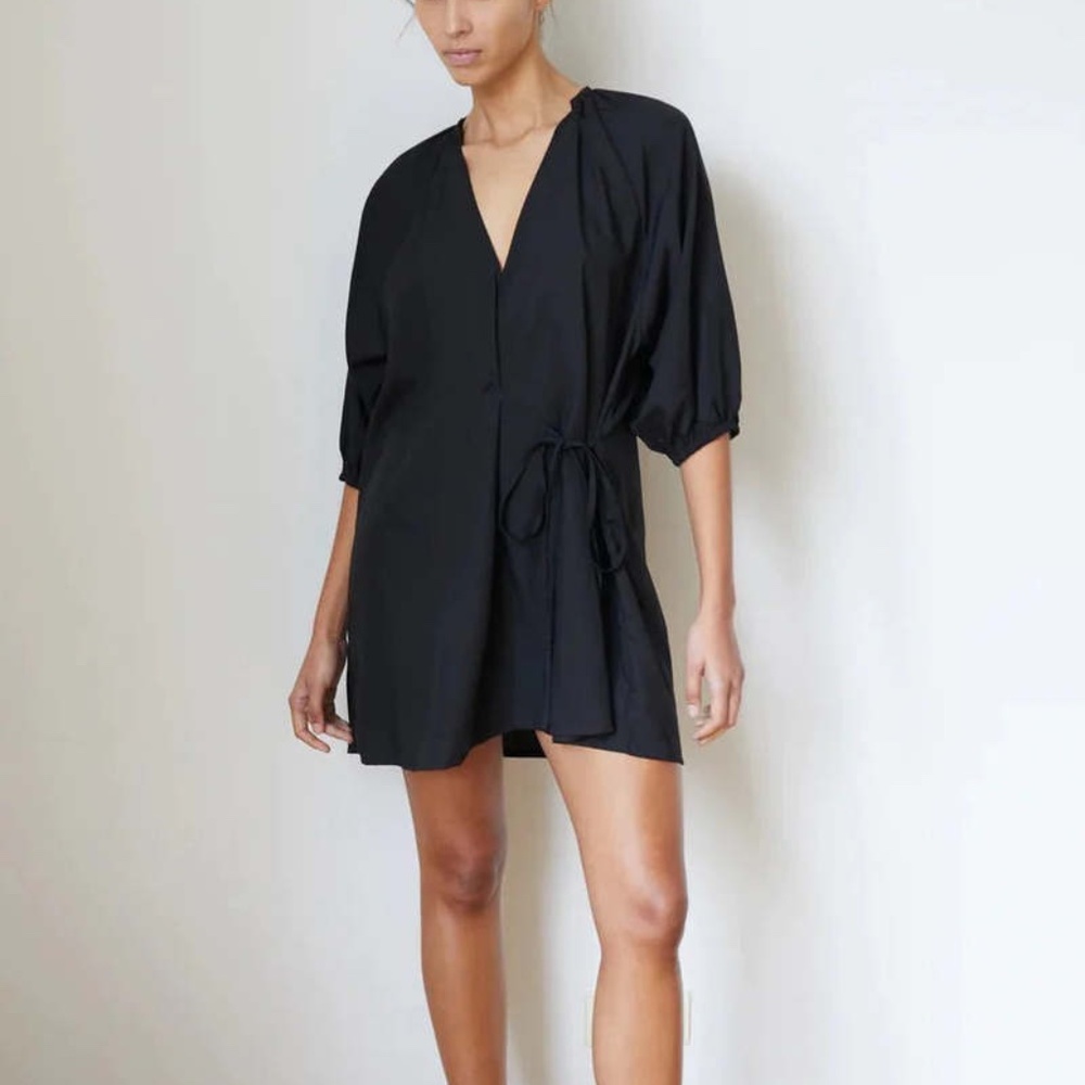 DEIJI STUDIOS The Double Over Dress in Black Pleated & Flowy Luxe For Fall